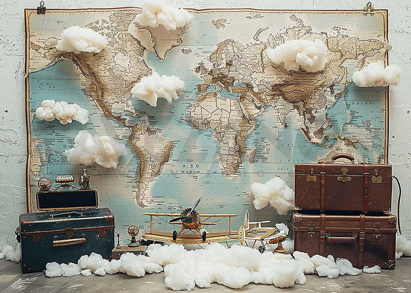 Avezano Old Maps and Airplane Model Photography Backdrop For Back To School