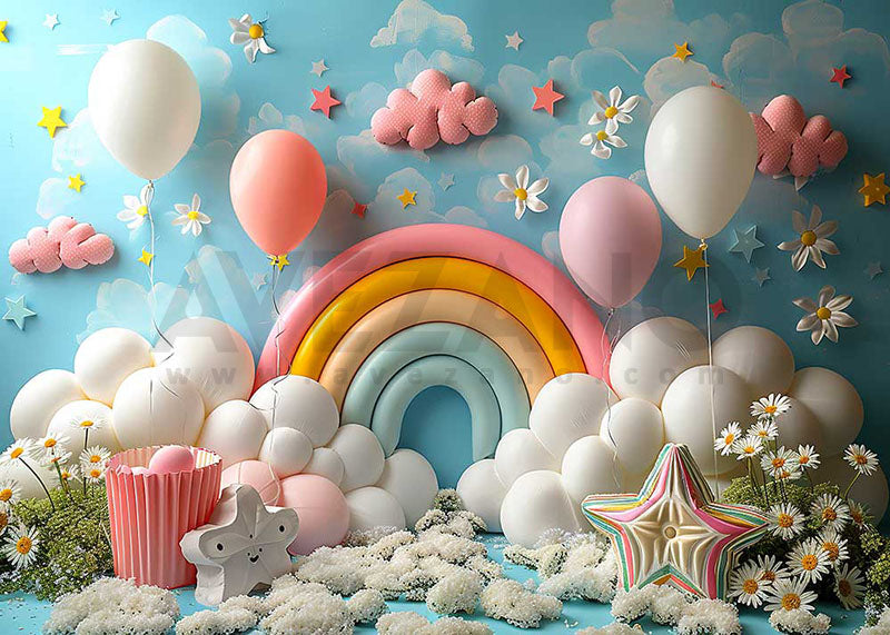 Ballons et arcs-en-ciel Avezano - Photographie de fond pour fête d'anniversaire de bébé
