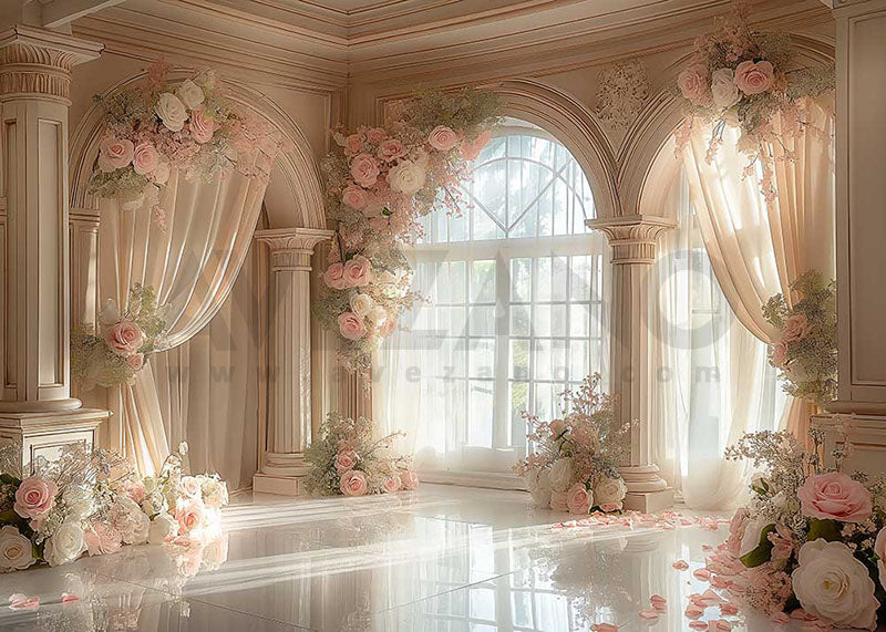 Toile de fond pour photographie de portes et fenêtres en gaze rose Avezano