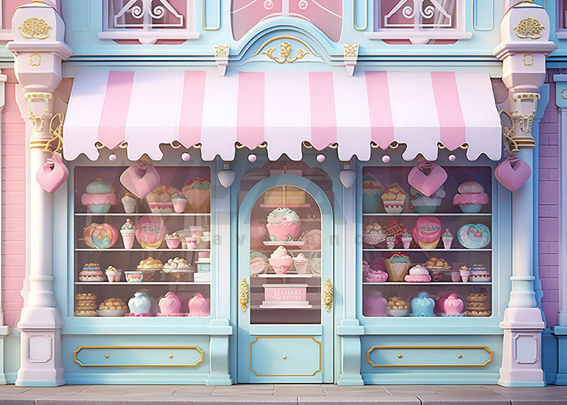 Fond de photographie de fête d'anniversaire de magasin de crème glacée rose et bleu Avezano