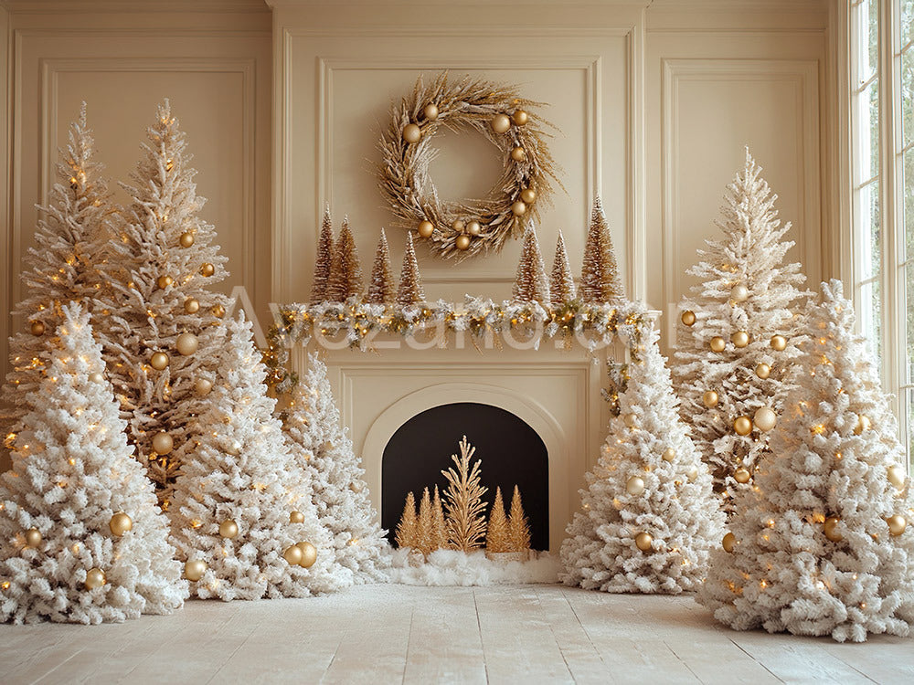 Toile de fond pour photographie de sapin de Noël et de décorations dorées d'Avezano