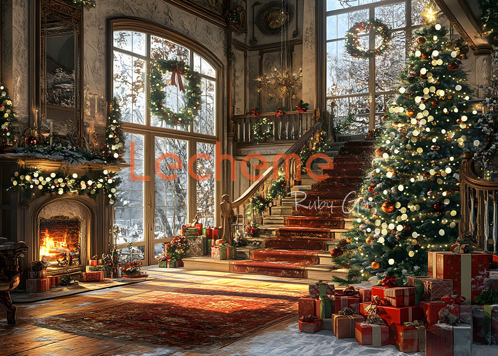 Avezano Christmas Windows and Stairs Photography Backdrop By Lecheme Ruby Gu