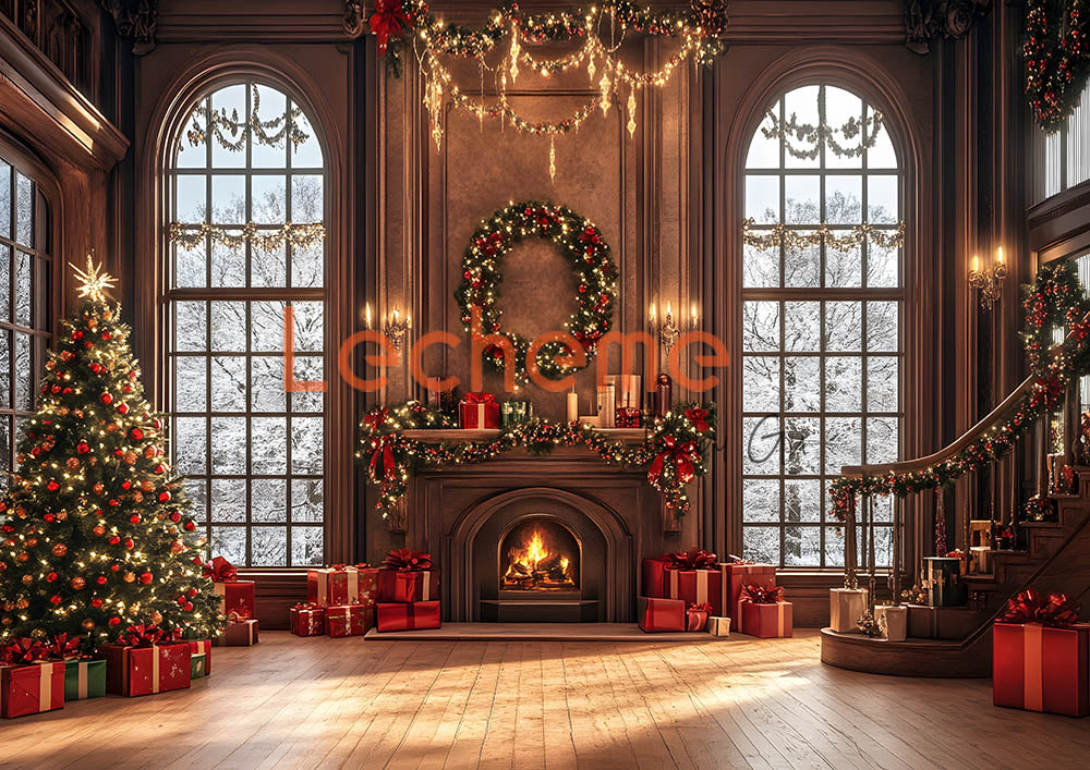 Toile de fond pour photographie de fenêtres et de cadeaux de Noël d'Avezano par Lecheme Ruby Gu