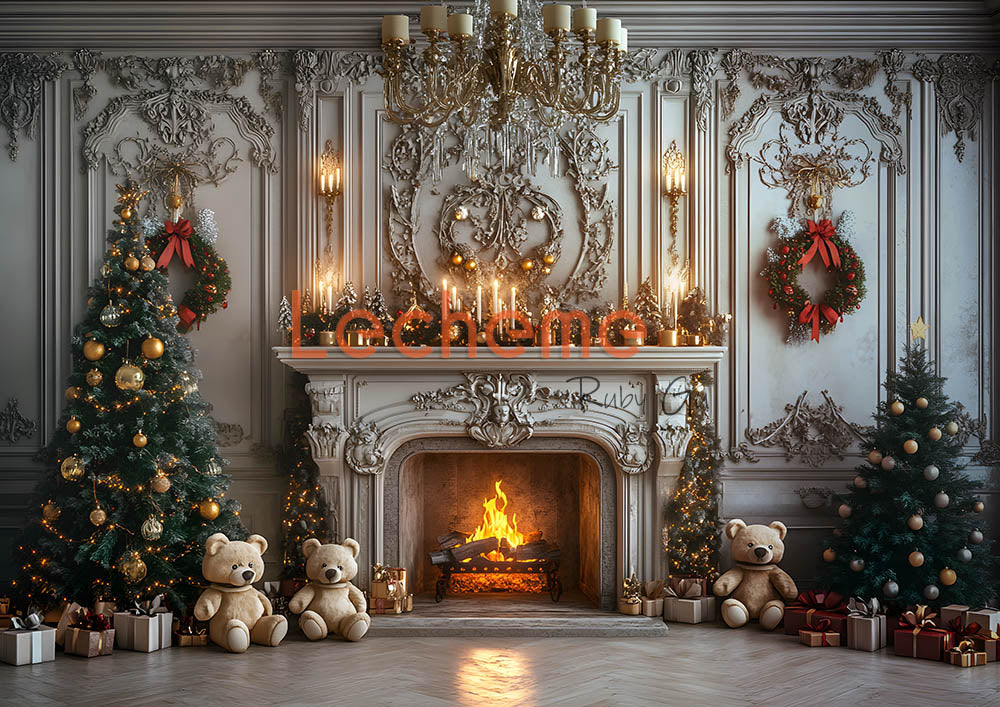 Avezano Retro Christmas Walls and Fireplace Photography Backdrop By Lecheme Ruby Gu