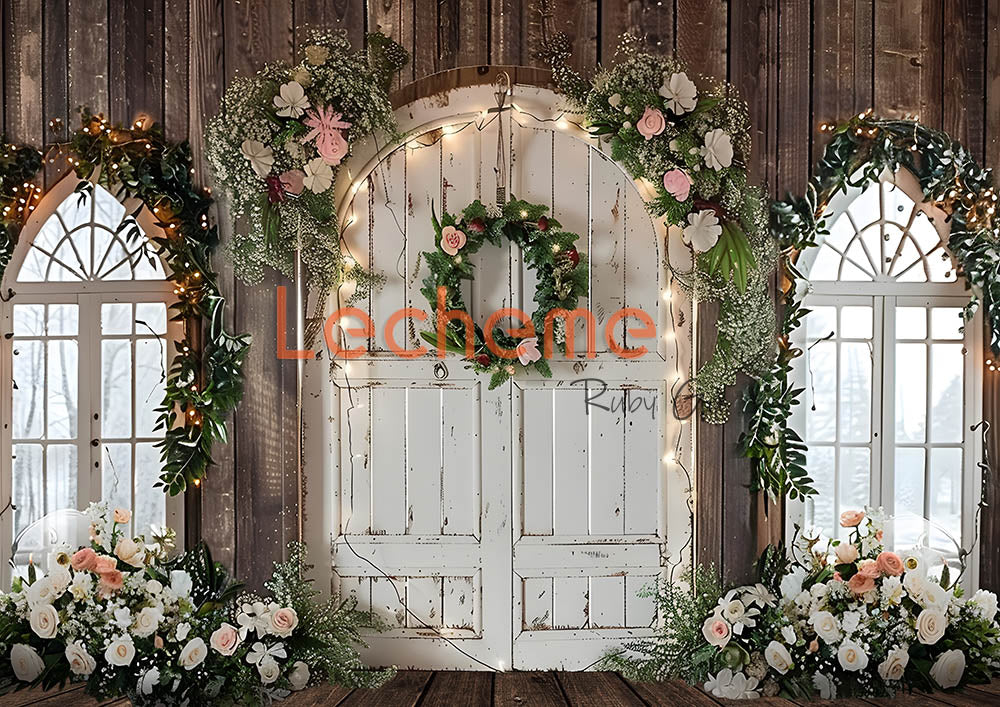 Toile de fond pour photographie de porte en bois blanc et de fleurs d'Avezano par Lecheme Ruby Gu