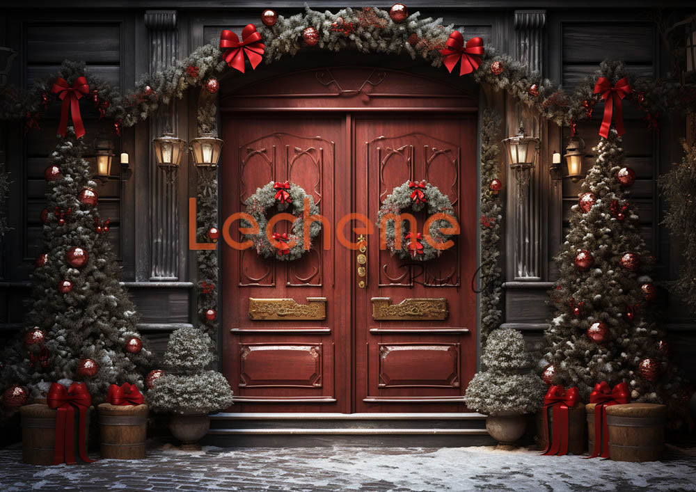 Toile de fond pour photographie de porte en bois rouge de Noël Avezano par Lecheme Ruby Gu