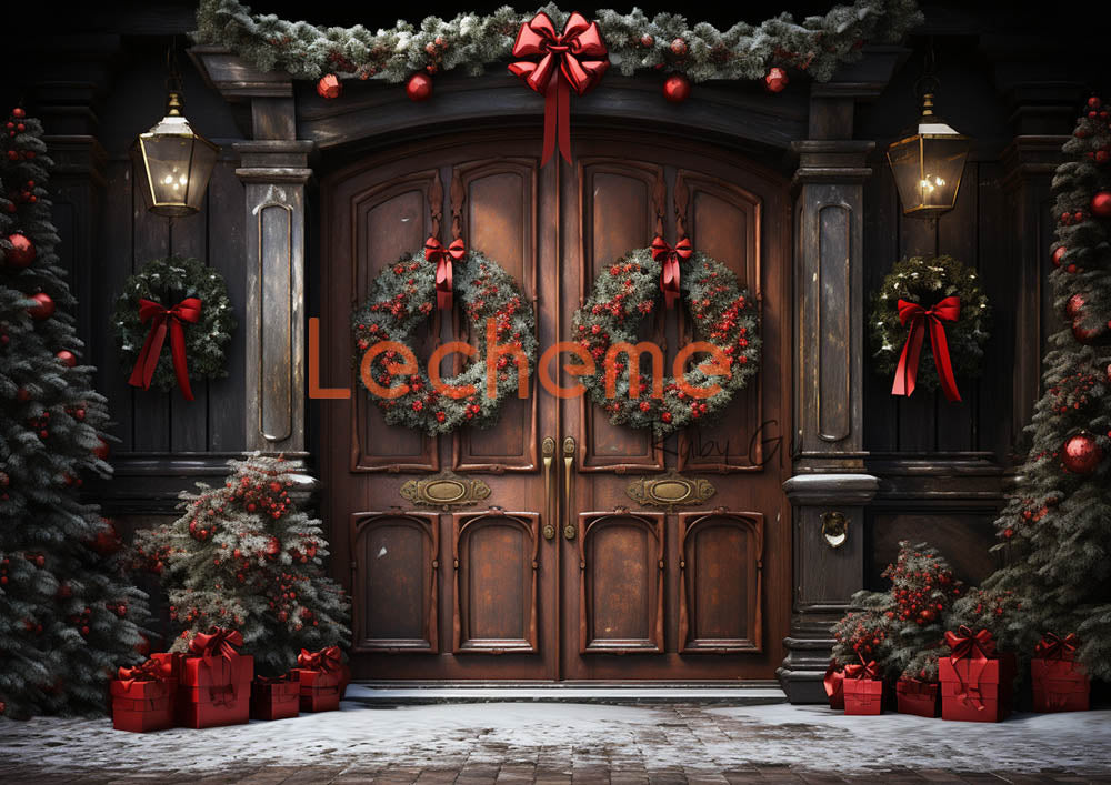 Toile de fond pour photographie de portes en bois rouges vintage d'Avezano et de cadeaux de Noël par Lecheme Ruby Gu