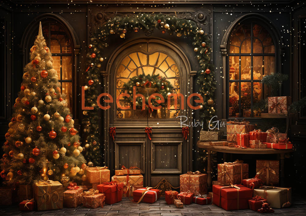 Portes en bois d'Avezano décorées de cadeaux et d'arbres de Noël. Toile de fond photographique par Lecheme Ruby Gu