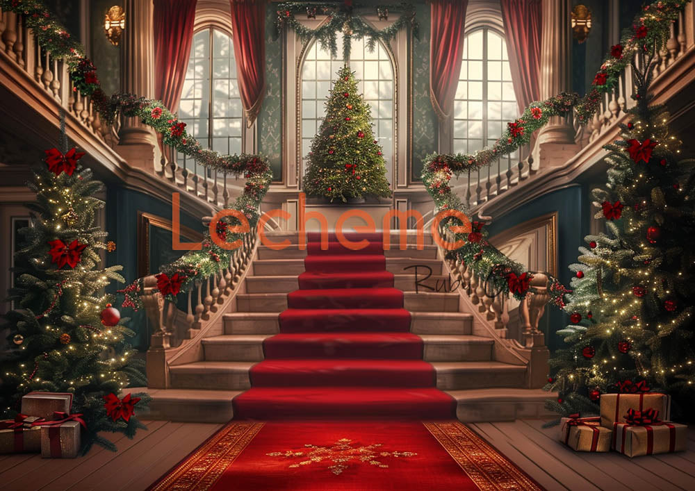 Escaliers du tapis rouge d'Avezano, toile de fond pour photographie de maison de Noël par Lecheme Ruby Gu