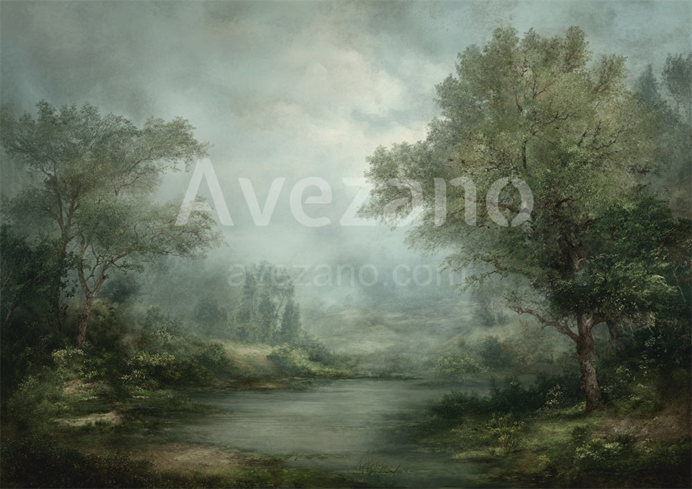 Avezano Serene Lake Woodland Oil Painting Photography Backdrop