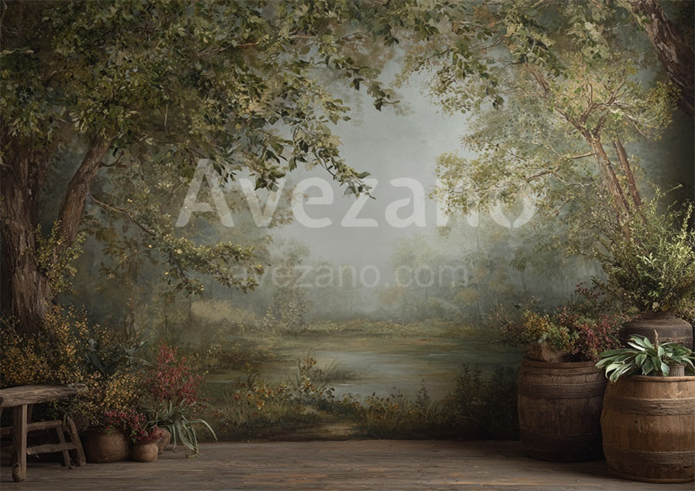 Avezano Barrel Planter Riverside Oil Painting Photography Backdrop
