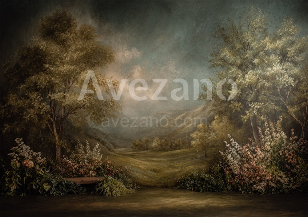Avezano Golden Hour Valley Path Oil Painting Photography Backdrop