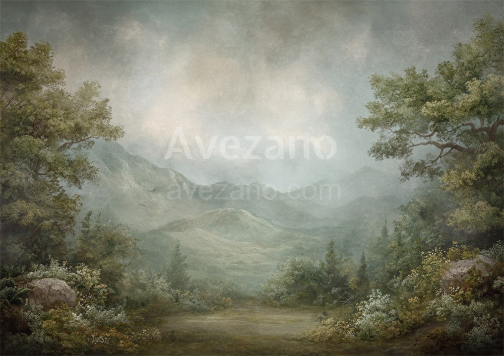 Avezano Misty Mountain Valley Oil Painting Photography Backdrop