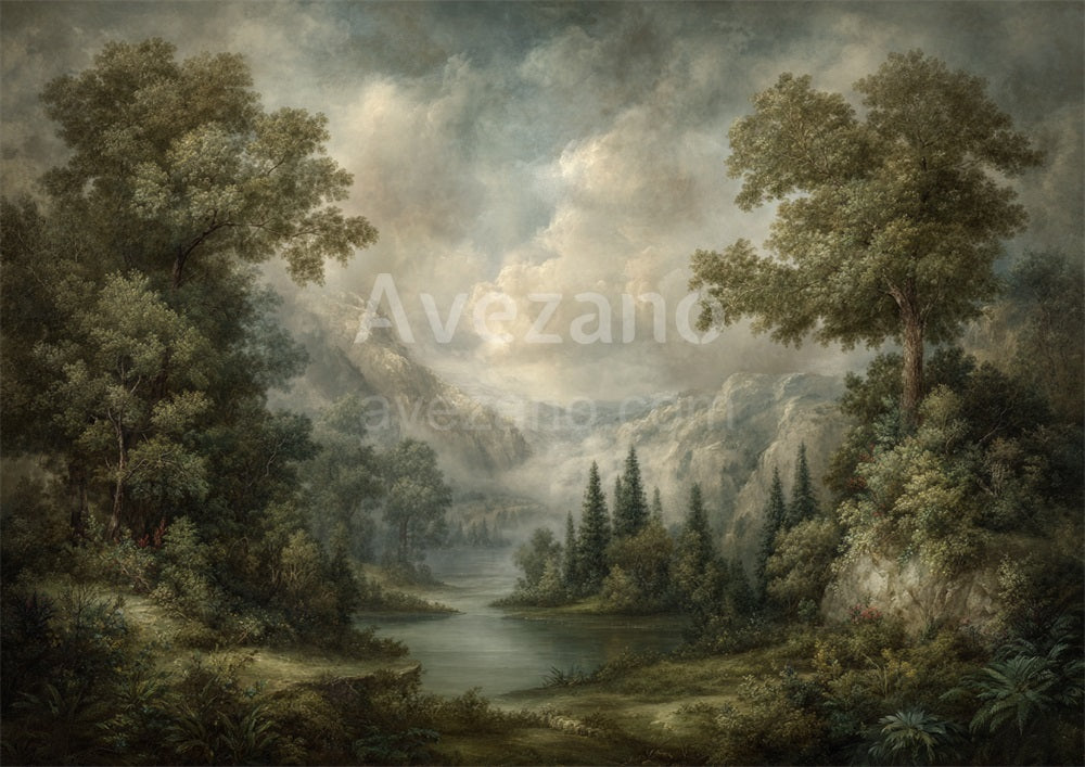 Avezano Serene Lake Mountain Oil Painting Photography Backdrop