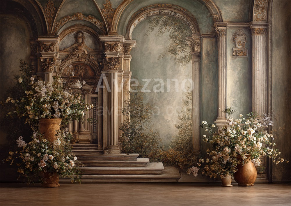 Avezano Ornate Archway Floral Vase Oil Painting Photography Backdrop
