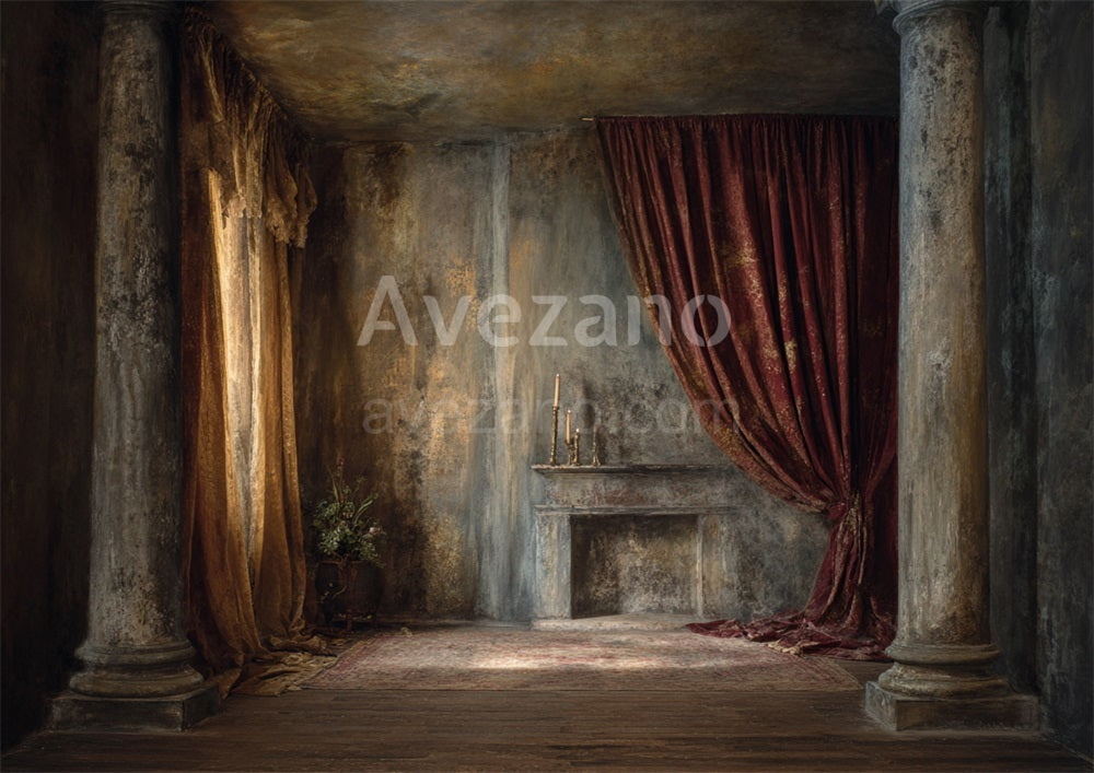 Avezano Rustic Columns Curtained Room Oil Painting Photography Backdrop
