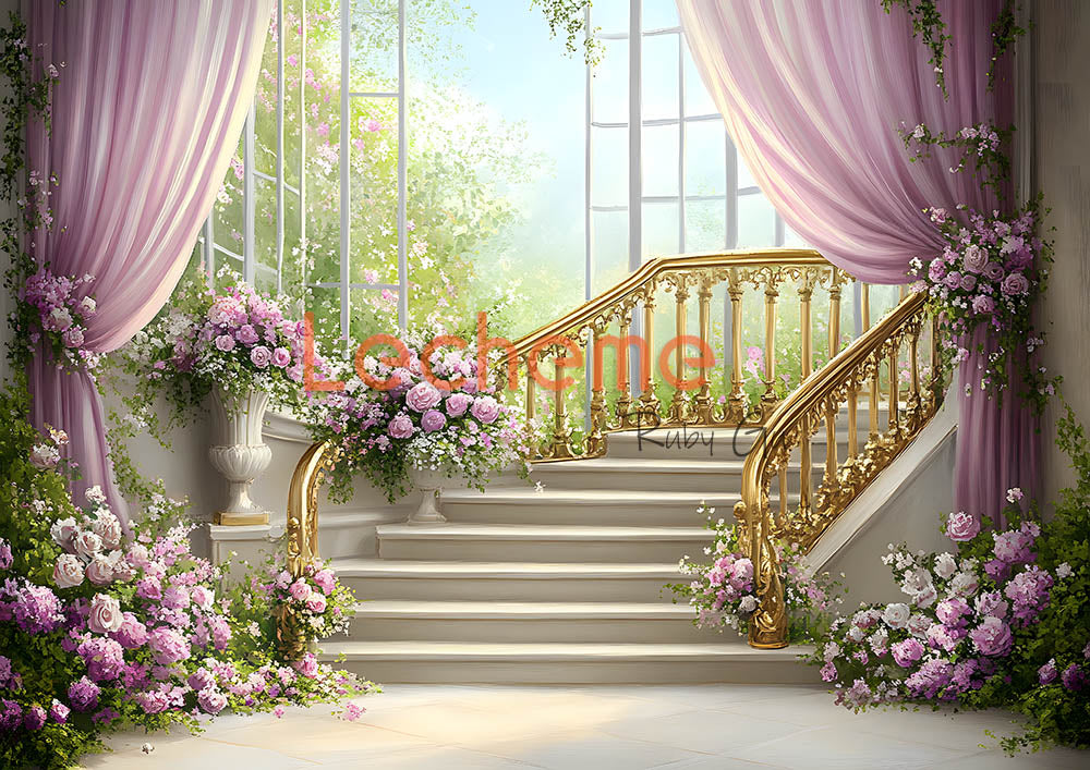 Escalier d'Avezano, roses violettes et rideaux, toile de fond pour photographie par Lecheme Ruby Gu