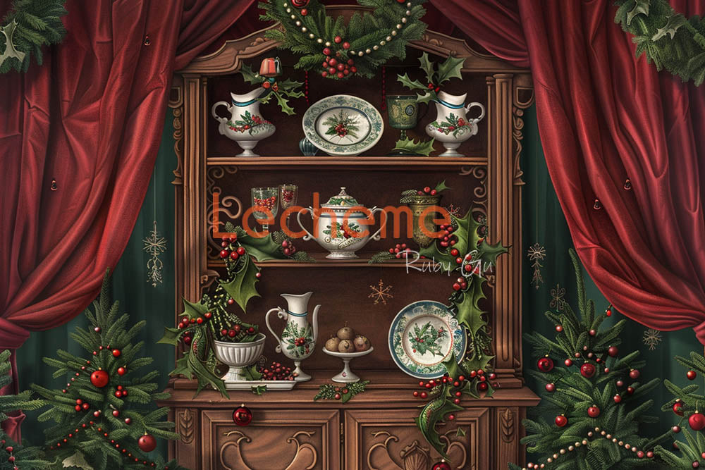 Avezano Christmas Red Curtains and Art Plates Photography Backdrop By Lecheme Ruby Gu