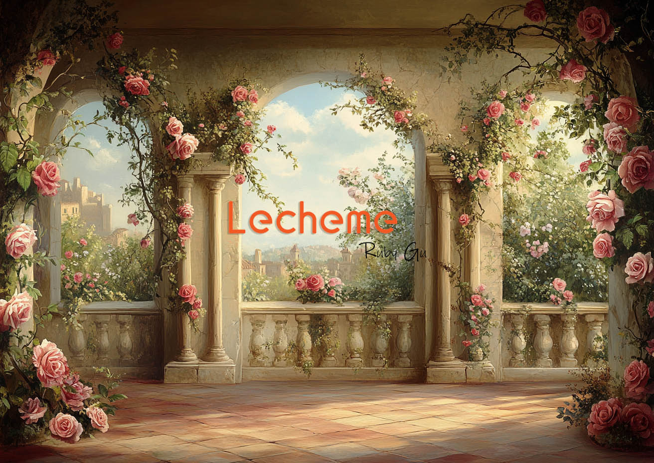 La fenêtre de l'arche d'Avezano montre des roses en toile de fond pour la photographie par Lecheme Ruby Gu