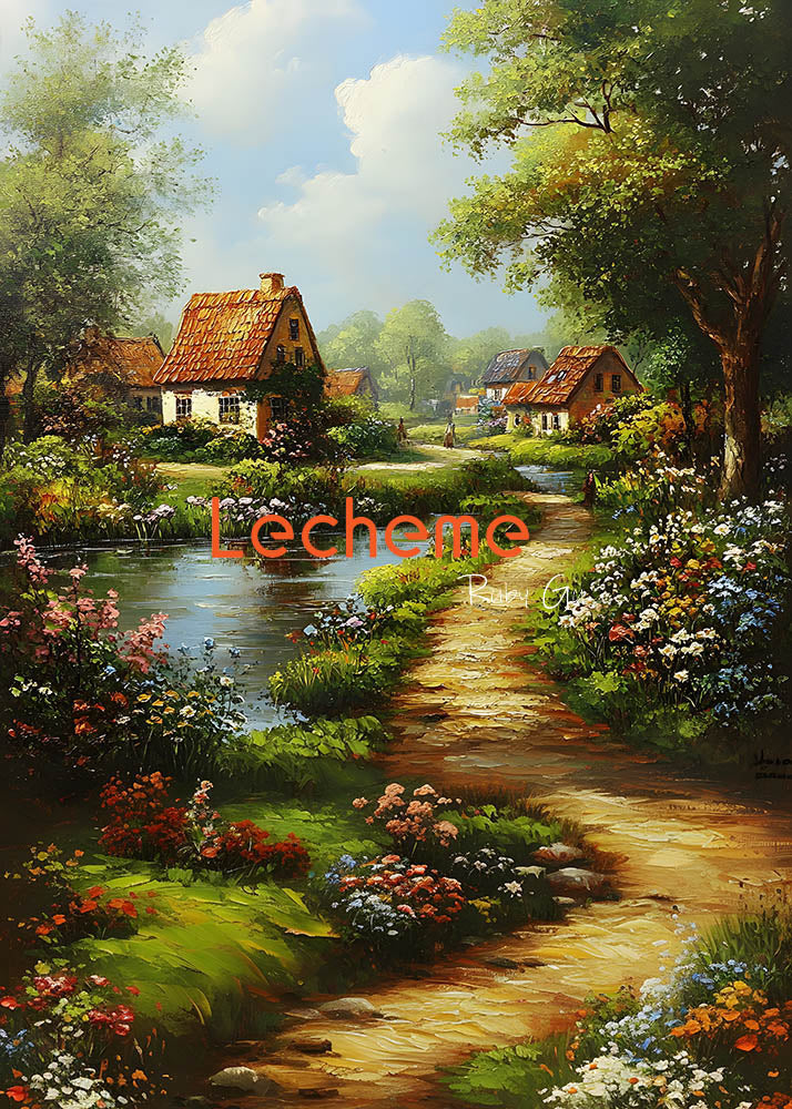 Toile de fond pour photographie de peinture à l'huile du village de fleurs romantiques d'Avezano par Lecheme Ruby Gu