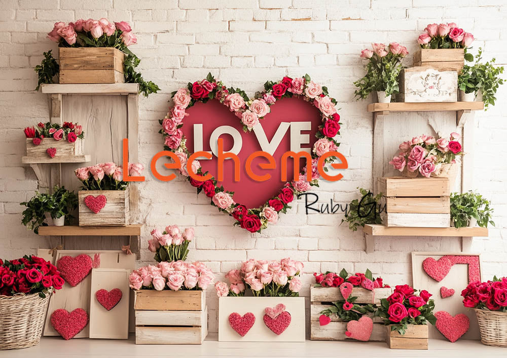 Avezano Valentine's Day White Brick Wall and Love Photography Backdrop By Lecheme Ruby Gu