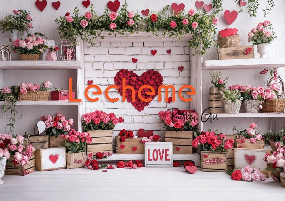 Avezano Valentine's Day White Brick Wall and Love Card Photography Backdrop By Lecheme Ruby Gu