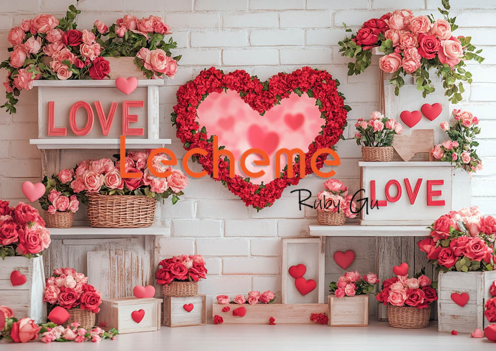 Avezano Valentine's Day White Brick Wall and Pink Roas Photography Backdrop By Lecheme Ruby Gu