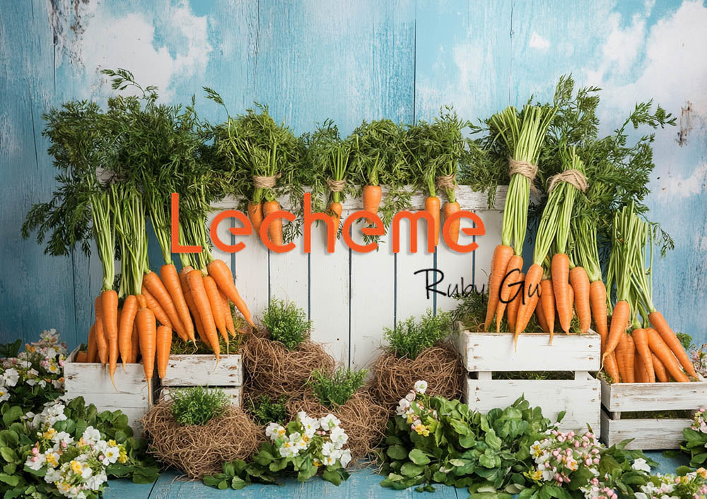 Avezano Spring Easter Rural Life Fence Carrots and Flowers Blue Photography Backdrop By Lecheme Ruby Gu A