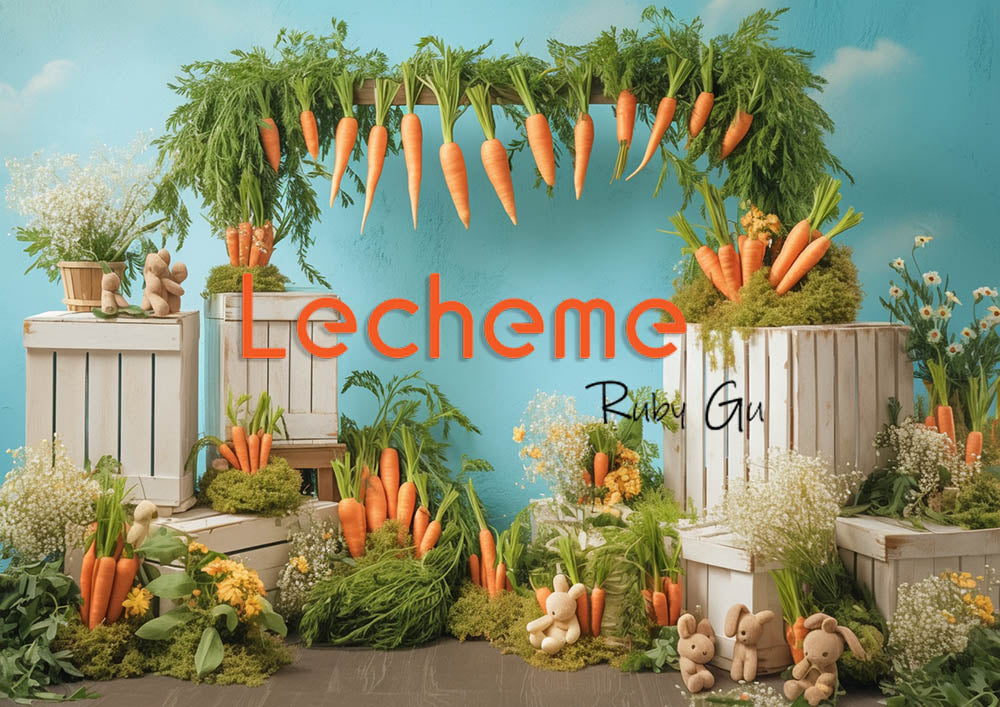 Avezano Printemps Vie rurale Clôture Carottes et fleurs Toile de fond bleue pour photographie Par Lecheme Ruby Gu K