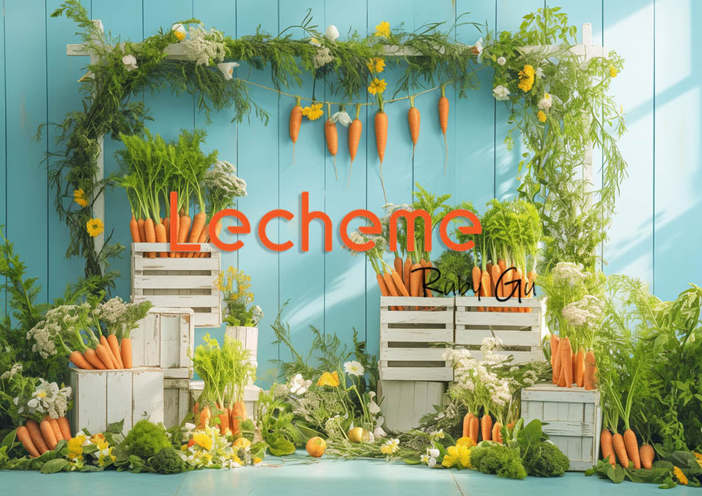 Avezano Printemps Vie rurale Clôture Carottes et fleurs Toile de fond bleue pour photographie Par Lecheme Ruby Gu P