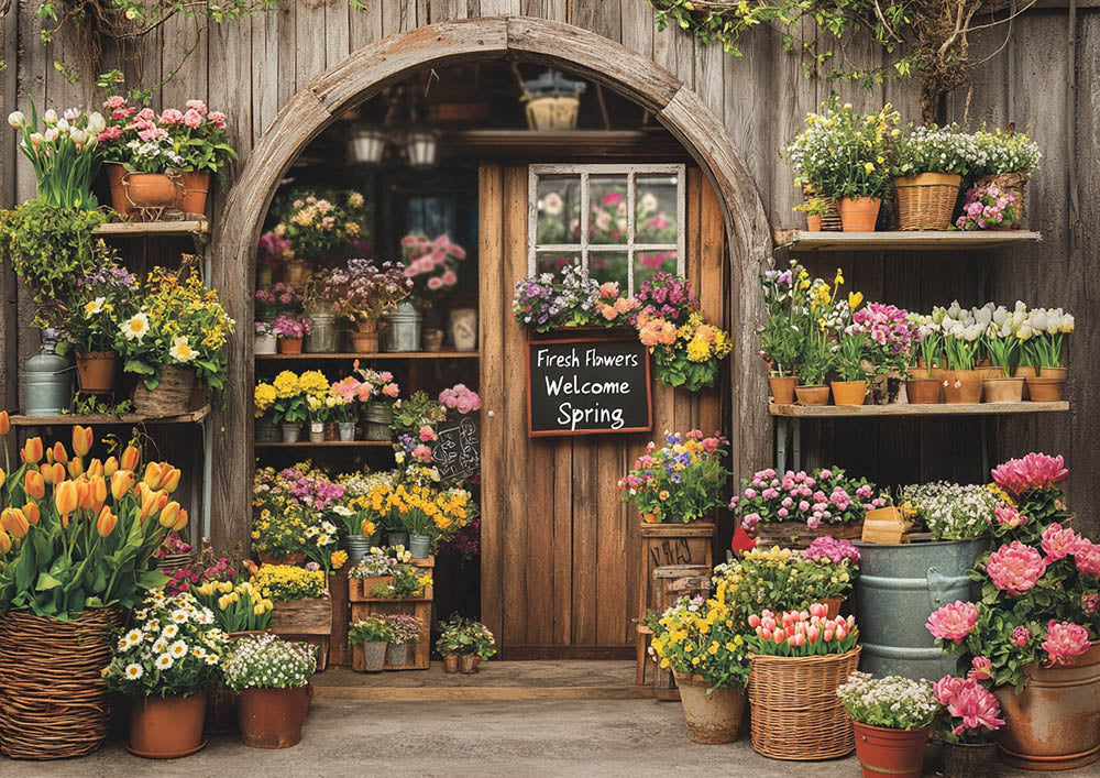 Toile de fond pour photographie de cabane en rondins de fleurs fraîches de printemps d'Avezano