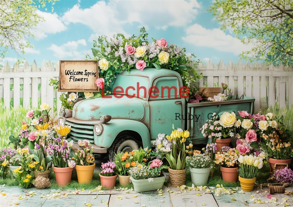 Avezano Spring Potted Flowers and Truck Photography Backdrop By Lecheme Ruby Gu