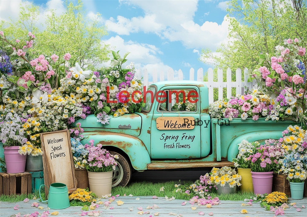 Avezano Fresh Spring Flowers and Trucks Photography Backdrop By Lecheme Ruby Gu