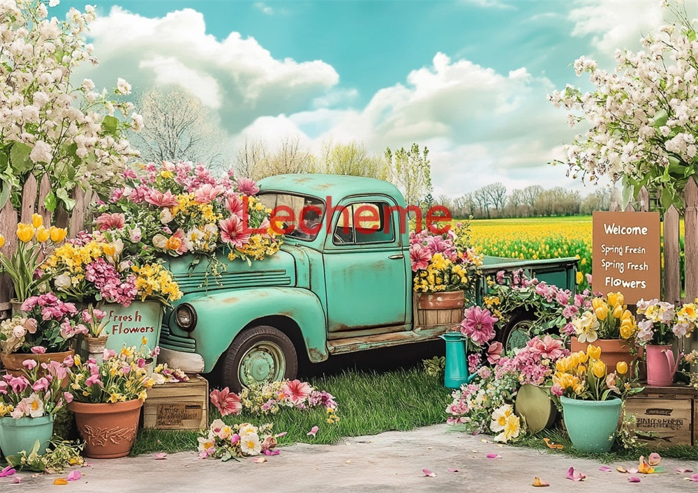 Avezano Fresh Flowers and Vintage Trucks Photography Backdrop By Lecheme Ruby Gu