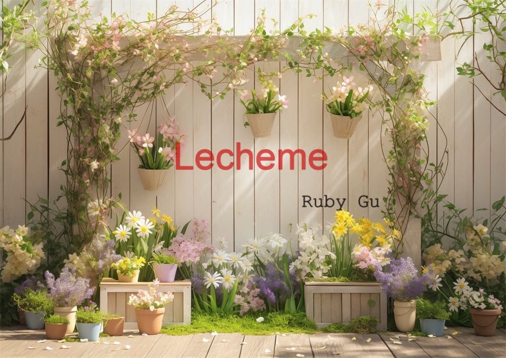Avezano Spring Light Wood Panels and Floral Vines Photography Backdrop By Lecheme Ruby Gu
