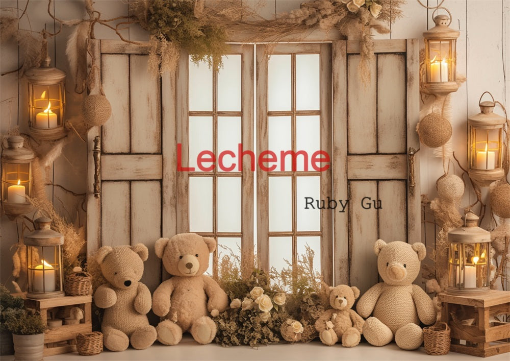 Avezano Vintage Wooden Doors and Toy Bears Photography Backdrop By Lecheme Ruby Gu