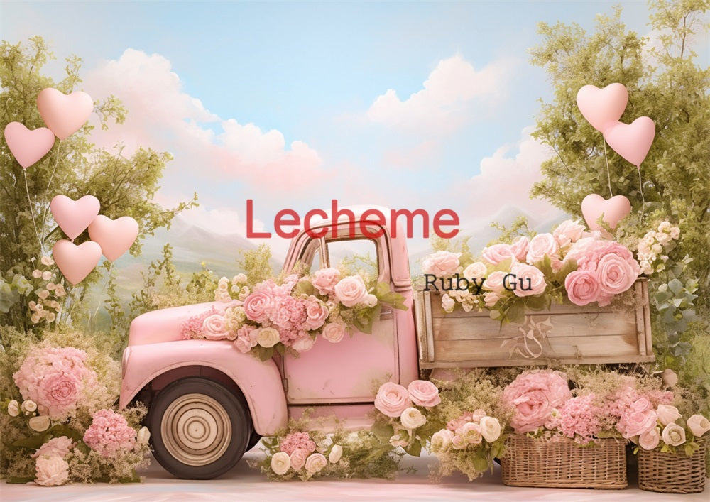 Avezano Valentine's Day Pink Rose Trucks and Balloons Photography Backdrop By Lecheme Ruby Gu