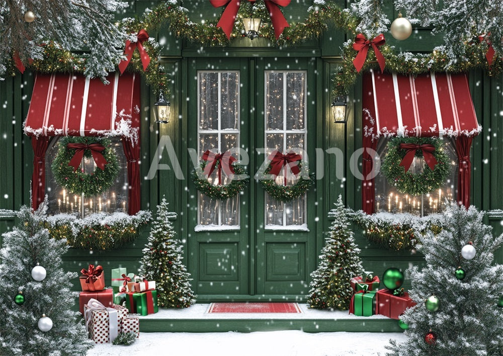 Toile de fond pour photographie de sapin de Noël blanc et de cadeaux d'Avezano