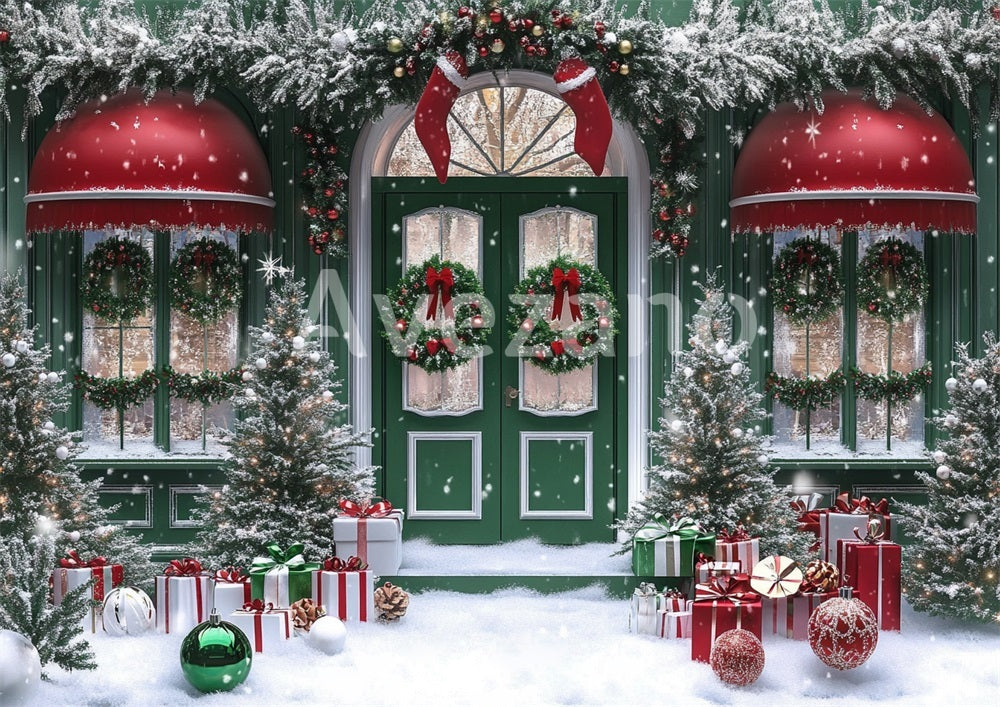 Toile de fond pour photographie de sapin de Noël blanc et de cadeaux d'Avezano