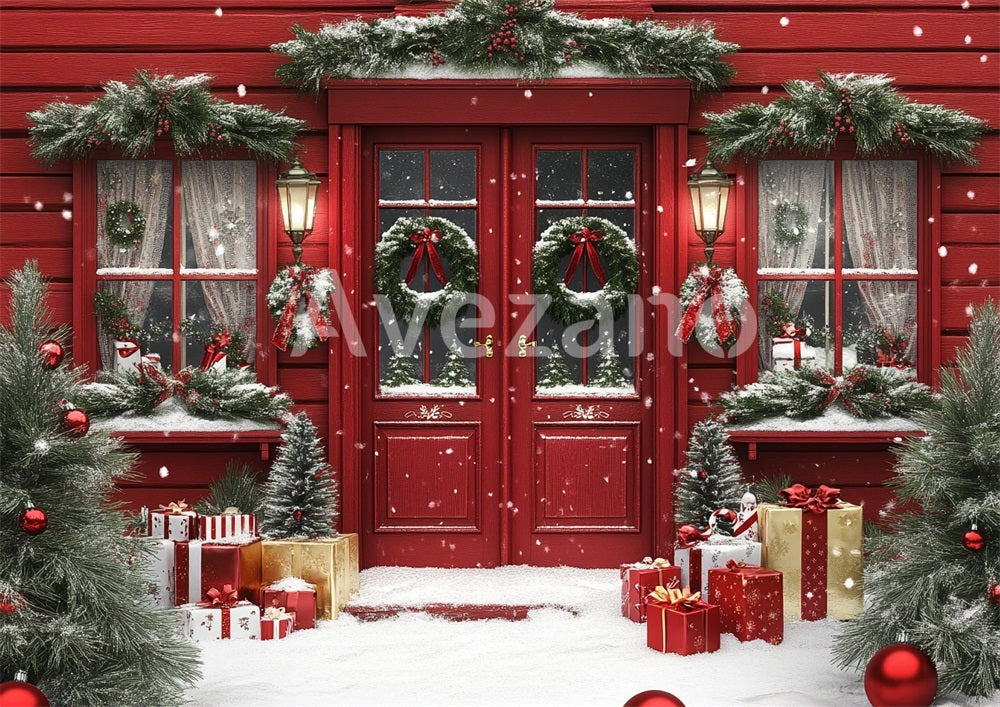 Toile de fond pour photographie de sapin de Noël blanc et de cadeaux d'Avezano