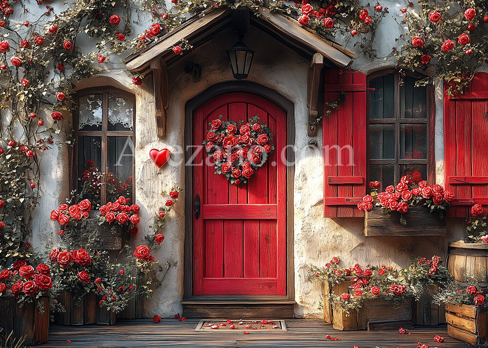 Avezano Valentine's Day Red Wooden Door and Roses Photography Backdrop