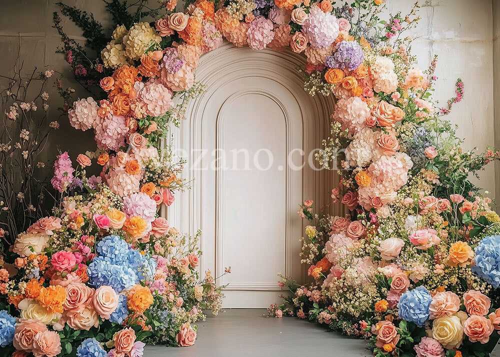 Toile de fond pour photographie de fête avec fleurs colorées et arche au printemps d'Avezano