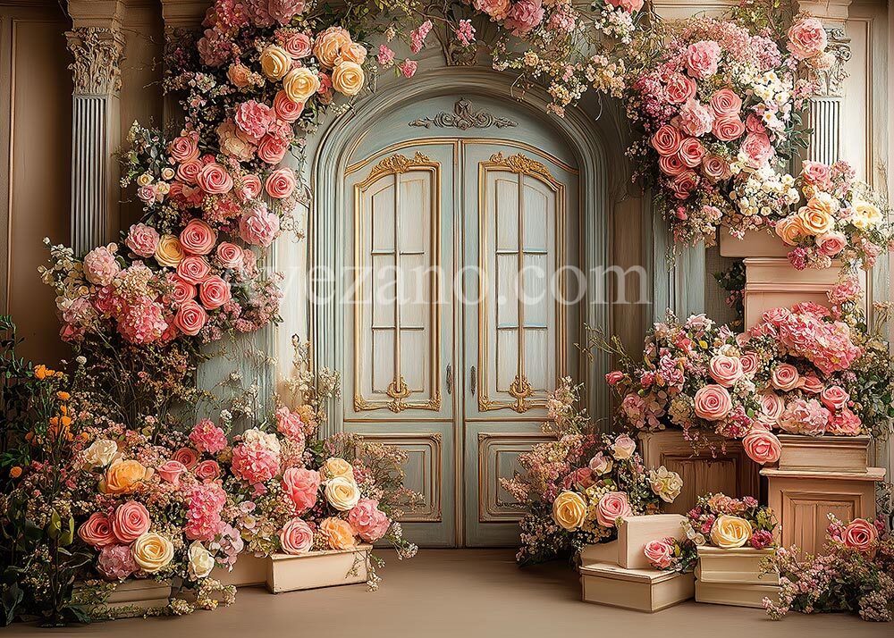 Avezano Spring Pink Rose and Vintage Door Photography Backdrop