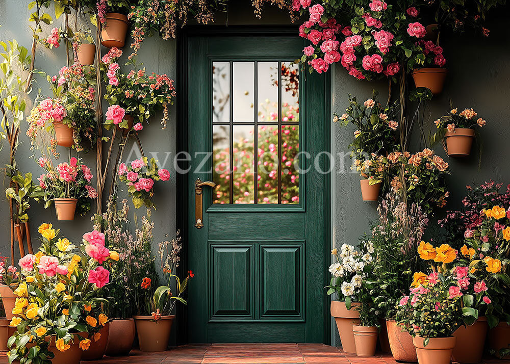 Avezano Spring Potted Flowers and Doors Photography Backdrop