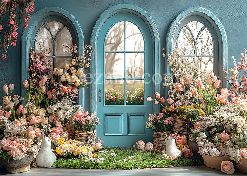 Avezano Spring Easter Flower and Blue Door Window Photography Backdrop
