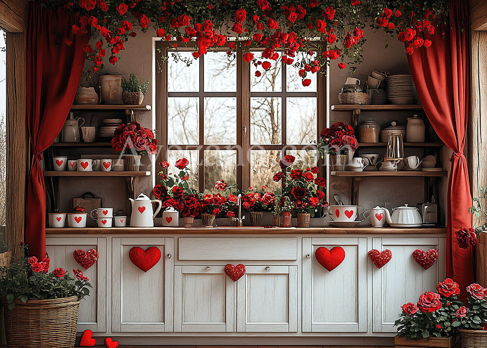 Avezano Valentine's Day Kitchen and Love Rose Decoration Photography Backdrop