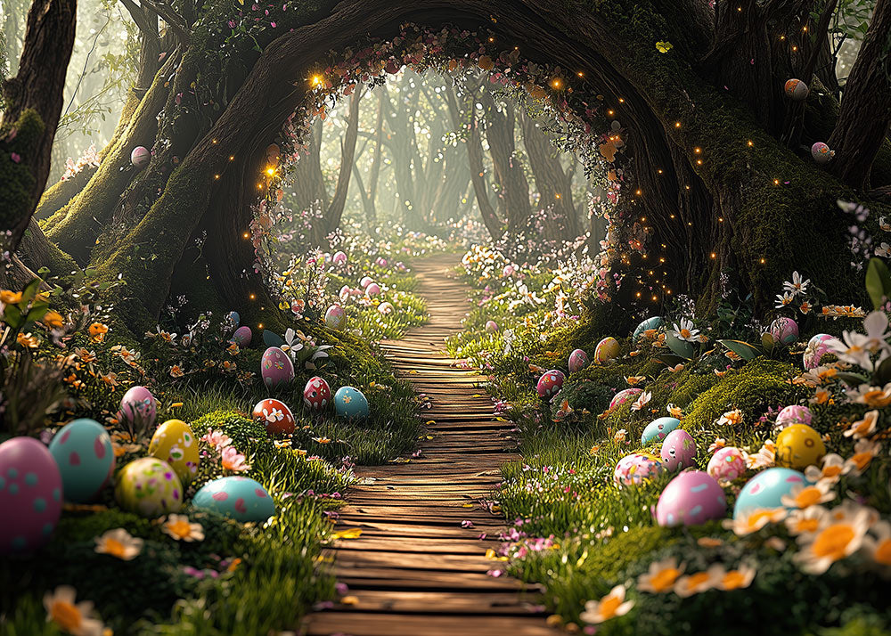 Toile de fond pour photographie du chemin forestier de Pâques au printemps d'Avezano