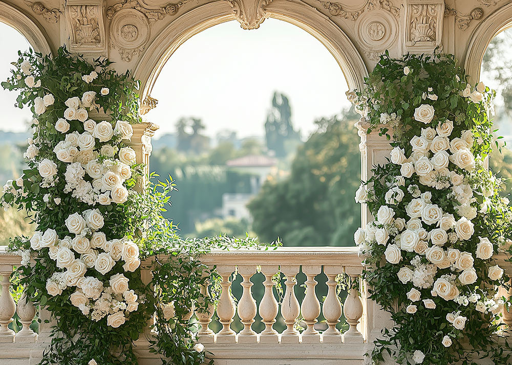 Balustrades en pierre de source d'Avezano et toile de fond pour photographie de roses blanches