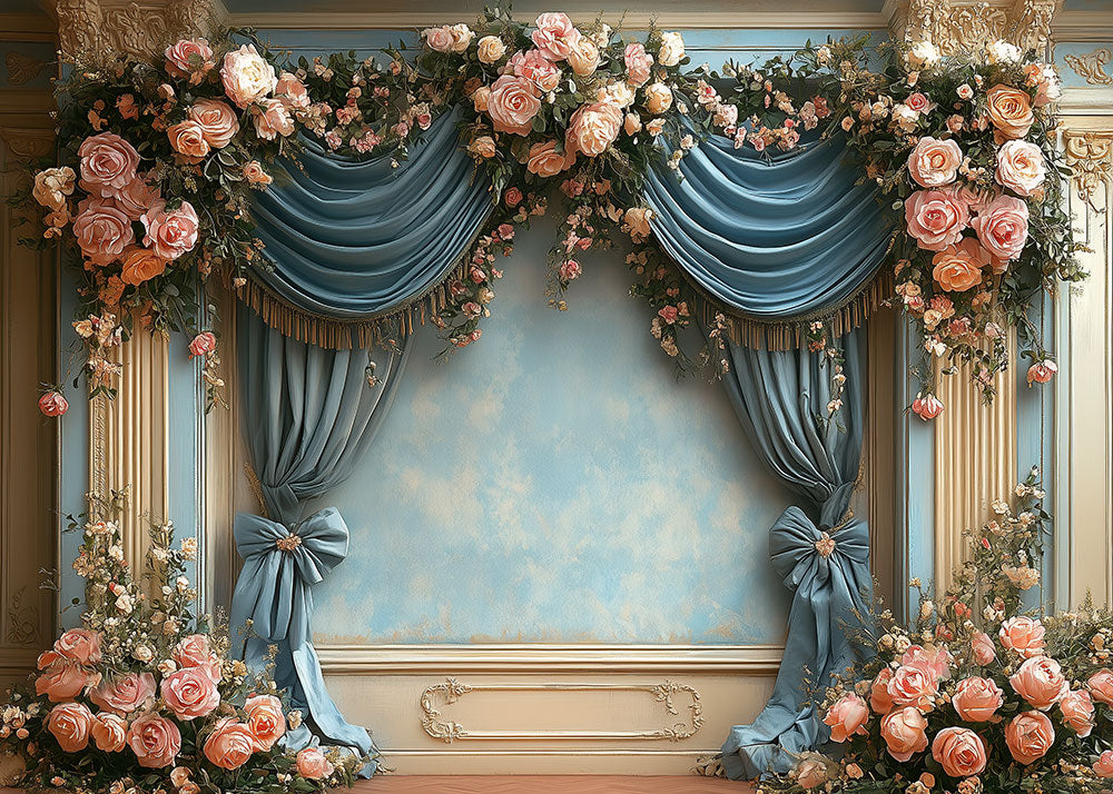 Toile de fond pour photographie murale avec rideaux bleus et roses roses d'Avezano
