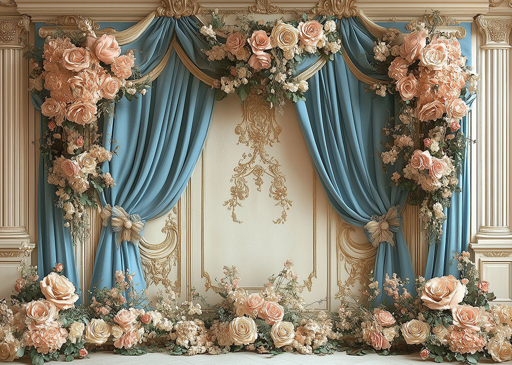 Toile de fond pour photographie murale sculptée de rideaux bleus et de roses roses d'Avezano